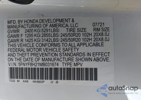 2021 Honda Passport Awd Sport from USA, damaged, VIN 5FNYF8H21MB031674